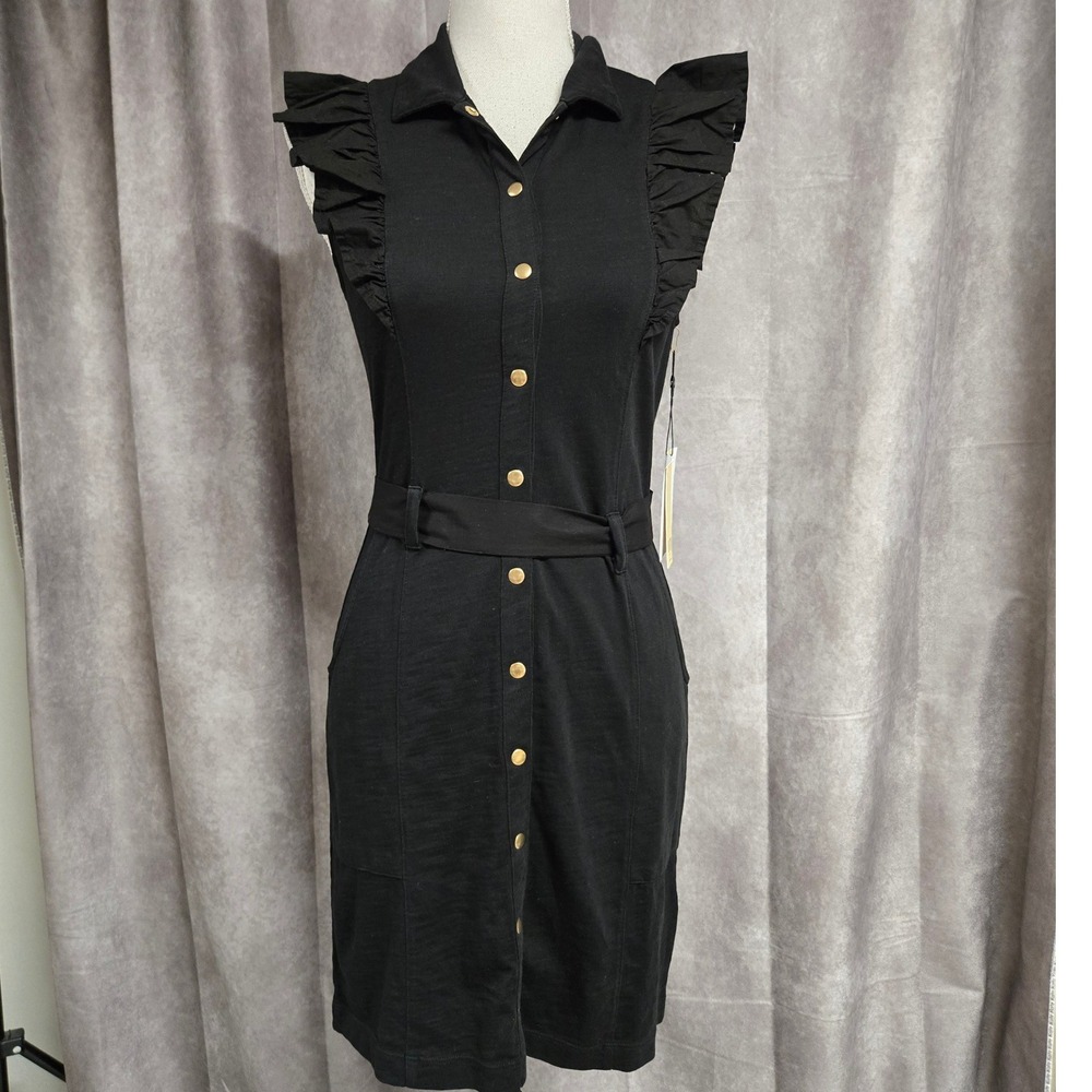 Nation LTD Black Ruffle Sleeve Button Front Belted‎ Cotton Mini Dress XS New